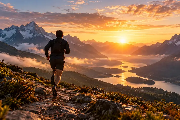 Ein einzelner Läufer bewegt sich bei Sonnenaufgang durch ein dramatisches Bergtal, hoffnungsvoll und cineastisch.