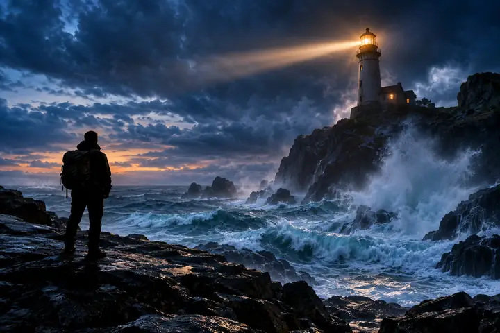 Ein Leuchtturm im Sturm an einer Küste zur blauen Stunde, geheimnisvoll und atmosphärisch.