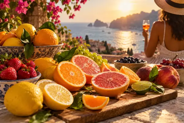 Bunte Zitrusscheiben und reifes Obst im warmen Sonnenlicht arrangiert, ausdrucksstarker Food-Editorial-Stil.