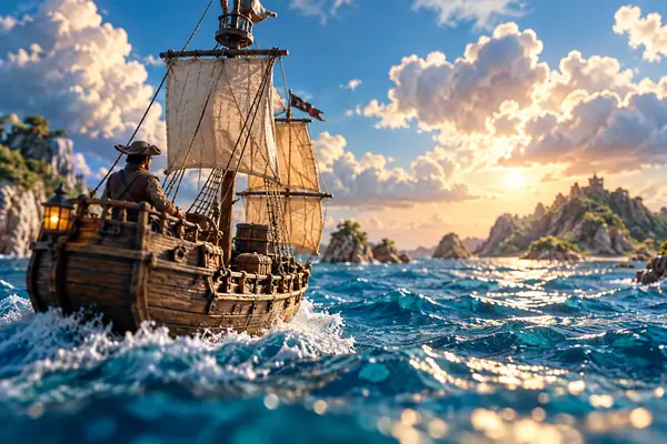 Ein handgefertigtes Segelschiff überquert hellblaues Wasser unter ausdrucksstarken Wolken, verspielter Miniaturstil.