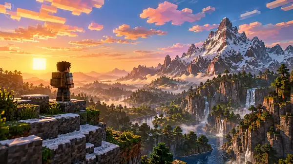 Eine aus Blöcken gebaute Berglandschaft mit einem winzigen Entdecker unter einem Pixelhimmel, verspielter, von Spielen inspirierter Stil.