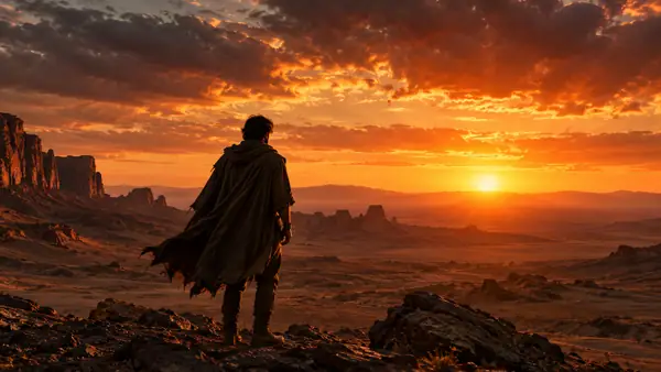 Eine einsame Gestalt steht in einer weiten Wüstenlandschaft unter einem dramatischen Sonnenuntergang, cineastischer Kurzfilmstil.