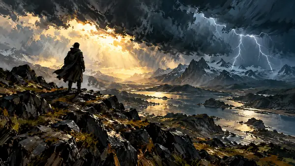 Eine stürmische Landschaft in kräftigen, kantigen Pinselstrichen gemalt, mit einer einsamen Gestalt in der Ferne, ausdrucksstarker Stil.