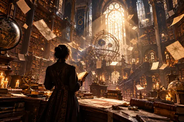 Eine antike Bibliothek voller schwebender Notizen und warmer Lichtstrahlen, faszinierende Dokumentarfilmstimmung.